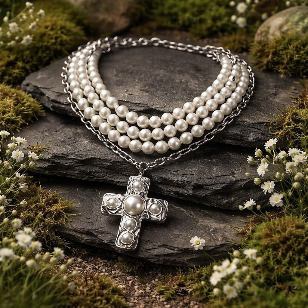 Pearl Gold Cross Silver